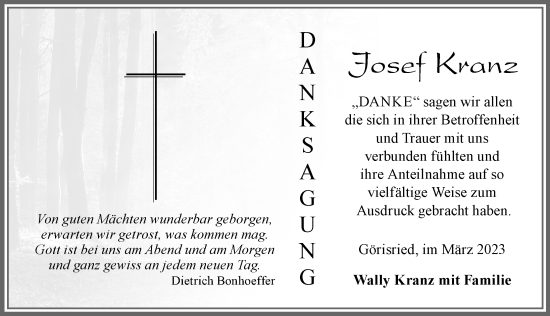 Traueranzeige von Josef Kranz von Allgäuer Zeitung, Marktoberdorf