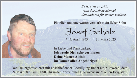 Traueranzeige von Josef Scholz von Allgäuer Zeitung, Füssen