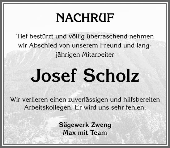 Traueranzeige von Josef Scholz von Allgäuer Zeitung, Füssen