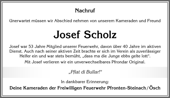 Traueranzeige von Josef Scholz von Allgäuer Zeitung, Füssen