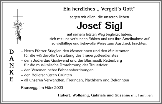 Traueranzeige von Josef Sigl von Allgäuer Anzeigeblatt