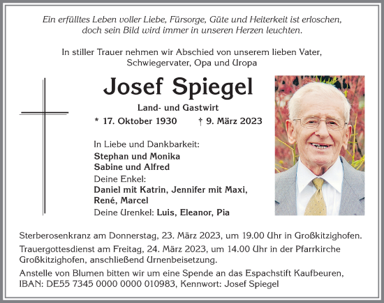 Traueranzeige von Josef Spiegel von Allgäuer Zeitung, Kaufbeuren/Buchloe
