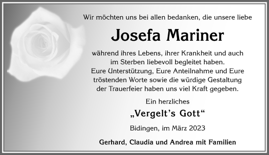 Traueranzeige von Josefa Mariner von Allgäuer Zeitung, Marktoberdorf