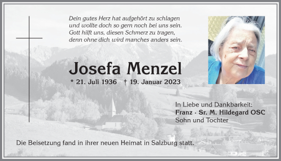 Traueranzeige von Josefa Menzel von Allgäuer Anzeigeblatt