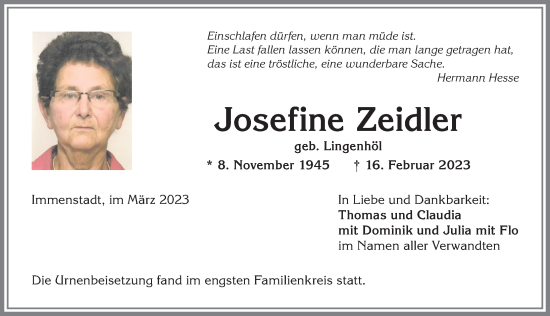 Traueranzeige von Josefine Zeidler von Allgäuer Anzeigeblatt