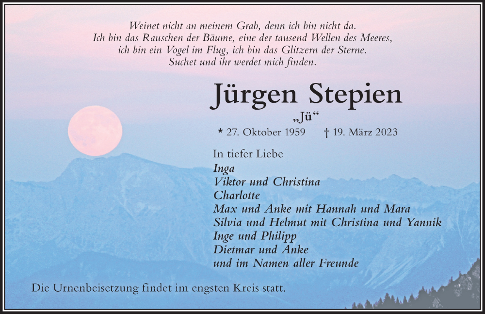  Traueranzeige für Jürgen Stepien vom 25.03.2023 aus Der Westallgäuer