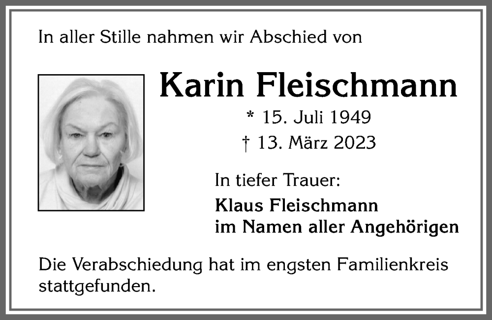  Traueranzeige für Karin Fleischmann vom 25.03.2023 aus Allgäuer Zeitung, Kaufbeuren/Buchloe