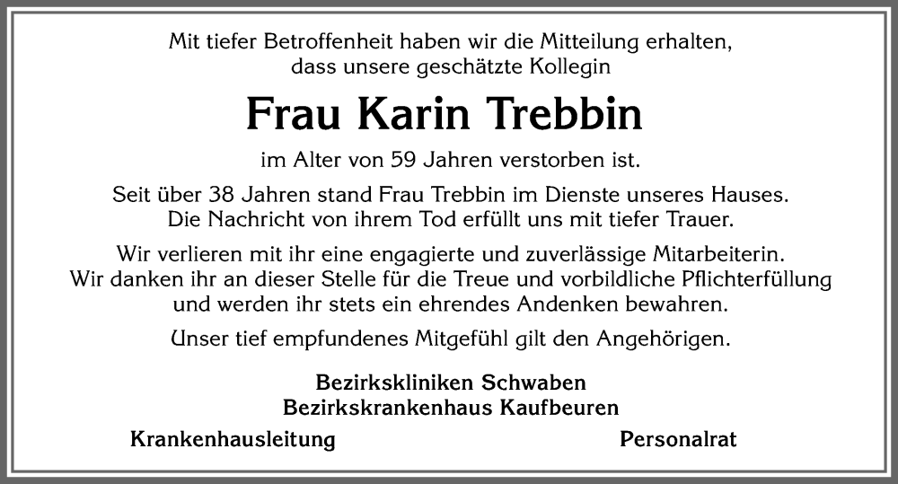  Traueranzeige für Karin Trebbin vom 22.03.2023 aus Allgäuer Zeitung, Kaufbeuren/Buchloe