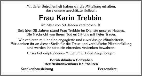 Traueranzeige von Karin Trebbin von Allgäuer Zeitung, Kaufbeuren/Buchloe