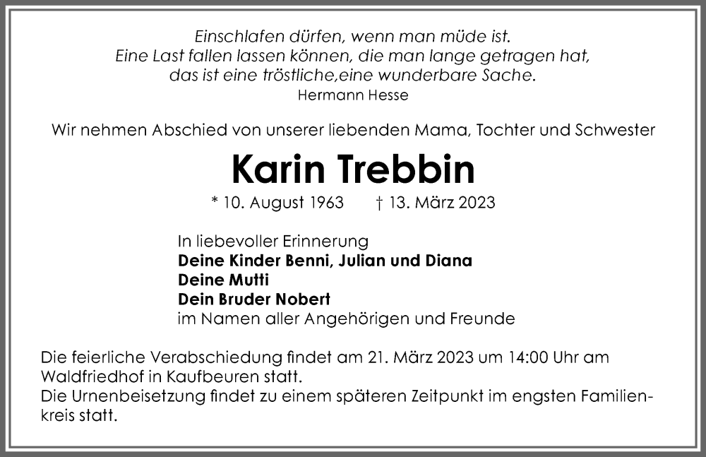  Traueranzeige für Karin Trebbin vom 18.03.2023 aus Allgäuer Zeitung, Kaufbeuren/Buchloe