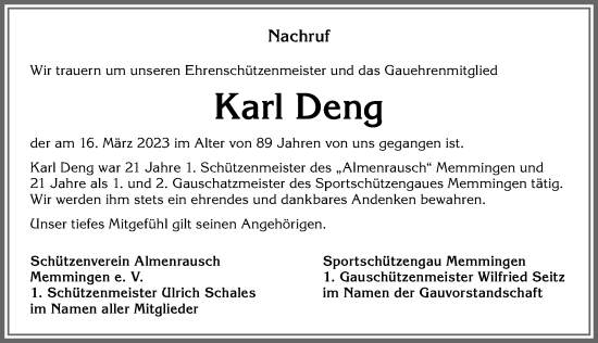 Traueranzeige von Karl Deng von Memminger Zeitung