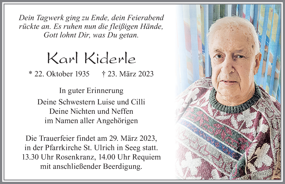  Traueranzeige für Karl Kiderle vom 25.03.2023 aus Allgäuer Zeitung, Füssen