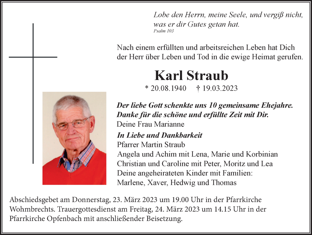  Traueranzeige für Karl Straub vom 21.03.2023 aus Der Westallgäuer