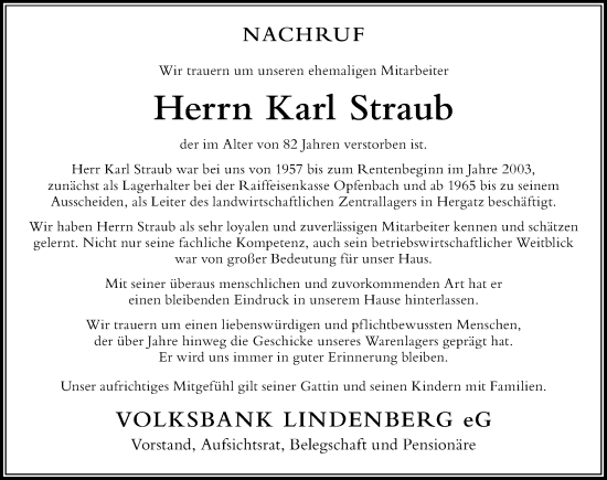 Traueranzeige von Karl Straub von Der Westallgäuer