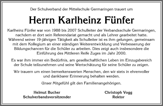 Traueranzeige von Karlheinz Fünfer von Allgäuer Zeitung, Kaufbeuren/Buchloe