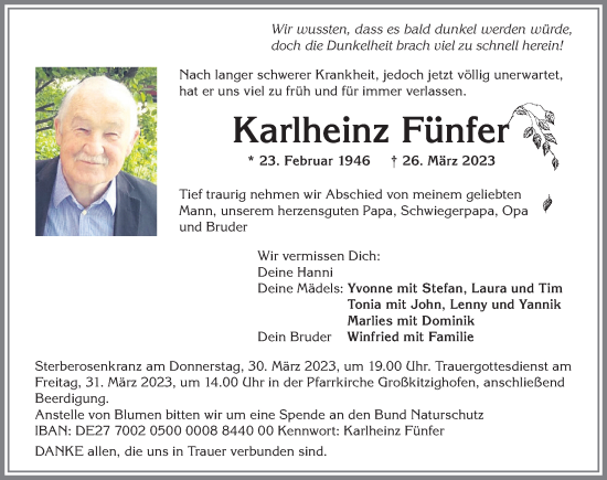 Traueranzeige von Karlheinz Fünfer von Allgäuer Zeitung, Kaufbeuren/Buchloe