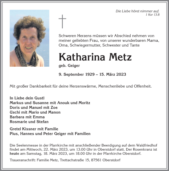 Traueranzeige von Katharina Metz von Allgäuer Anzeigeblatt