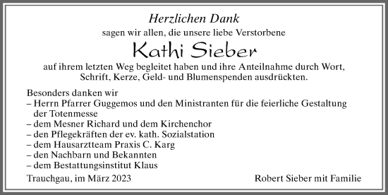 Traueranzeige von Kathi Sieber von Allgäuer Zeitung, Füssen