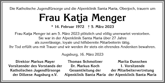 Traueranzeige von Katja Menger von Allgäuer Anzeigeblatt