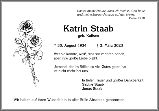 Traueranzeige von Katrin Staab von Allgäuer Anzeigeblatt