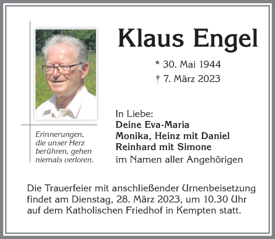 Traueranzeige von Klaus Engel von Allgäuer Zeitung,Kempten