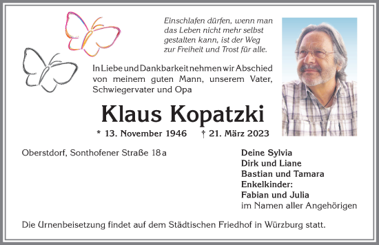 Traueranzeige von Klaus Kopatzki von Allgäuer Anzeigeblatt