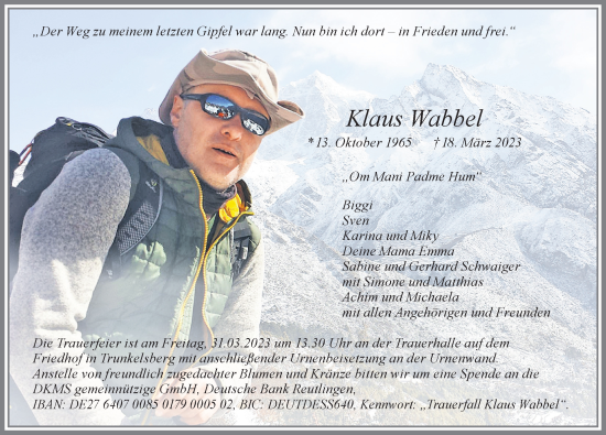 Traueranzeige von Klaus Wabbel von Memminger Zeitung