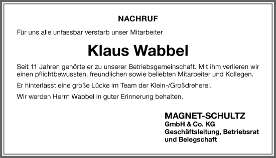 Traueranzeige von Klaus Wabbel von Memminger Zeitung