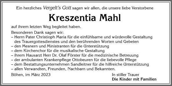 Traueranzeige von Kreszentia Mahl von Memminger Zeitung