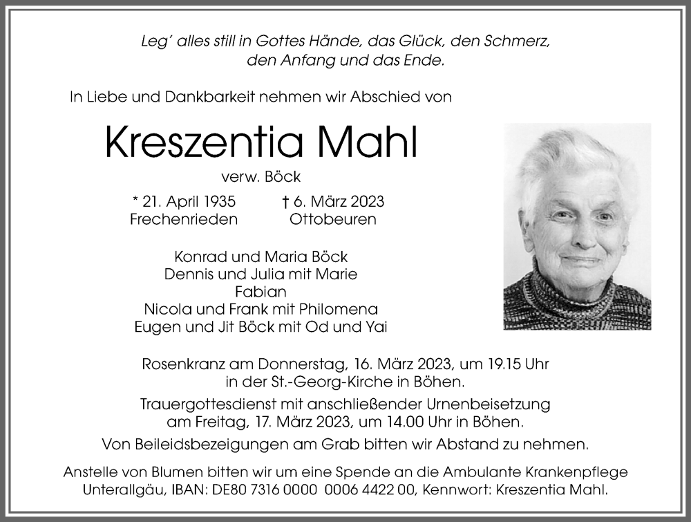  Traueranzeige für Kreszentia Mahl vom 11.03.2023 aus Memminger Zeitung