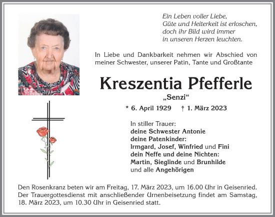 Traueranzeige von Kreszentia Pfefferle von Allgäuer Zeitung, Marktoberdorf