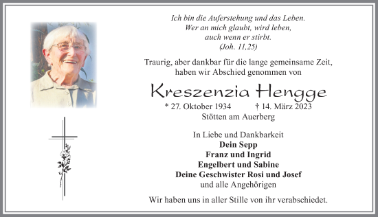 Traueranzeige von Kreszenzia Hengge von Allgäuer Zeitung, Marktoberdorf