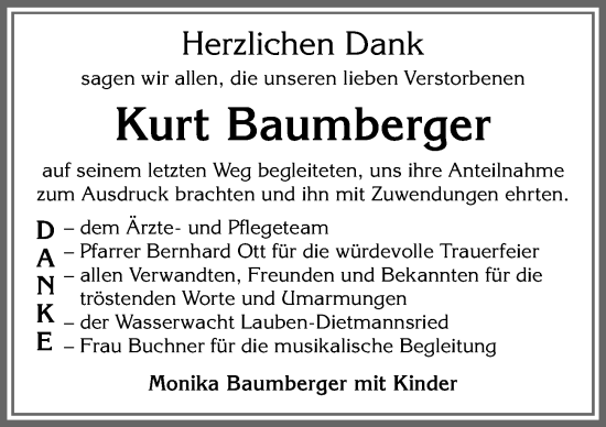 Traueranzeige von Kurt Baumberger von Allgäuer Zeitung,Kempten