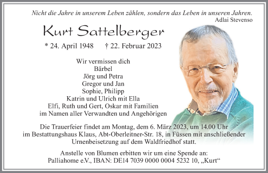 Traueranzeige von Kurt Sattelberger von Allgäuer Zeitung, Füssen