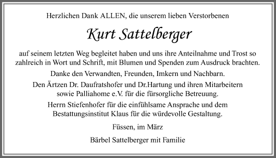 Traueranzeige von Kurt Sattelberger von Allgäuer Zeitung, Füssen
