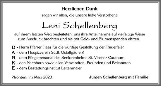 Traueranzeige von Leni Schellenberg von Allgäuer Zeitung, Füssen