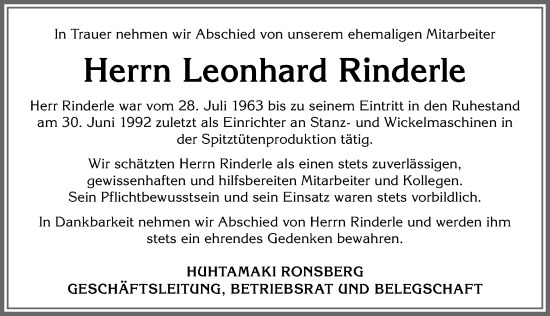 Traueranzeige von Leonhard Rinderle von Allgäuer Zeitung, Marktoberdorf