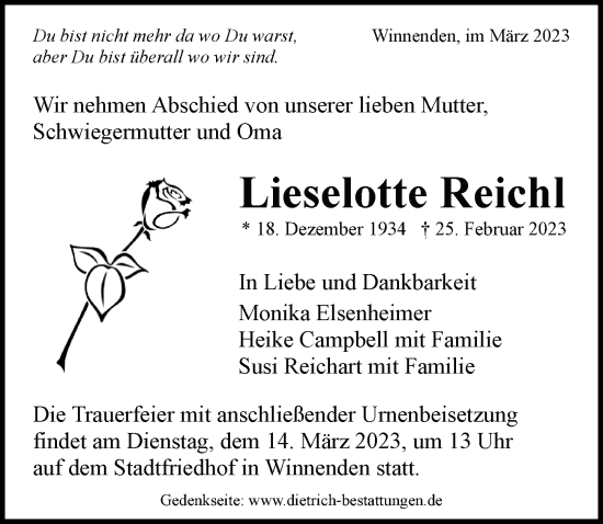 Traueranzeige von Lieselotte Reichl von Der Westallgäuer