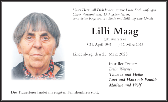 Traueranzeige von Lilli Maag von Der Westallgäuer