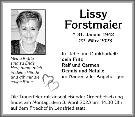 Traueranzeige von Lissy Forstmaier von Allgäuer Zeitung,Kempten