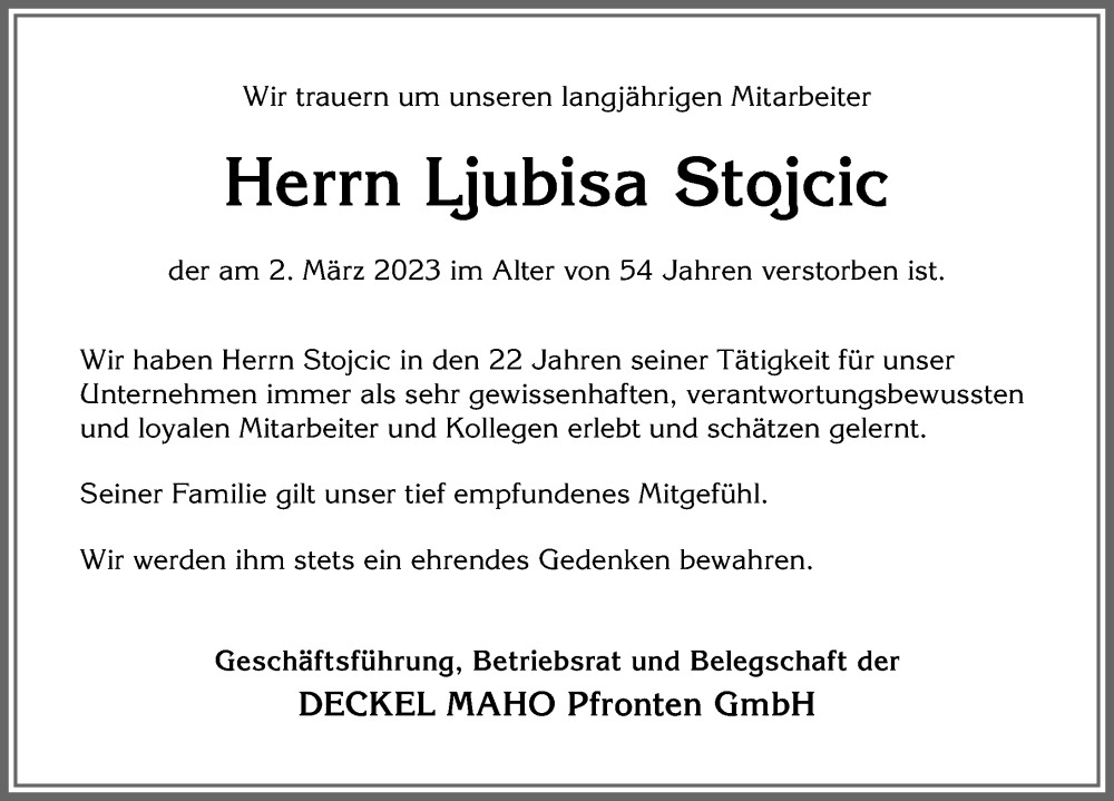  Traueranzeige für Ljubisa Stojcic vom 18.03.2023 aus Allgäuer Zeitung, Füssen