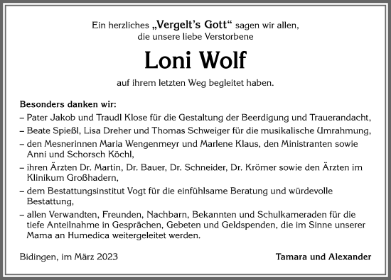 Traueranzeige von Loni Wolf von Allgäuer Zeitung, Marktoberdorf