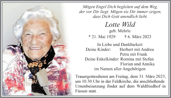 Traueranzeige von Lotte Wild von Allgäuer Zeitung, Füssen