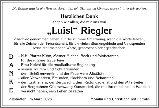 Traueranzeige von Luisl Riegler von Allgäuer Anzeigeblatt