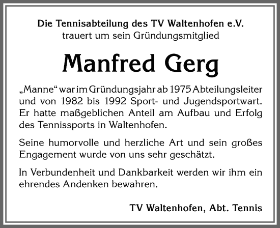 Traueranzeige von Manfred Gerg von Allgäuer Zeitung,Kempten