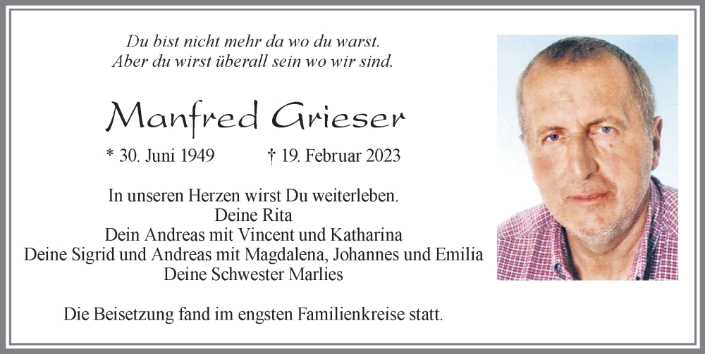  Traueranzeige für Manfred Grieser vom 11.03.2023 aus Allgäuer Zeitung, Marktoberdorf