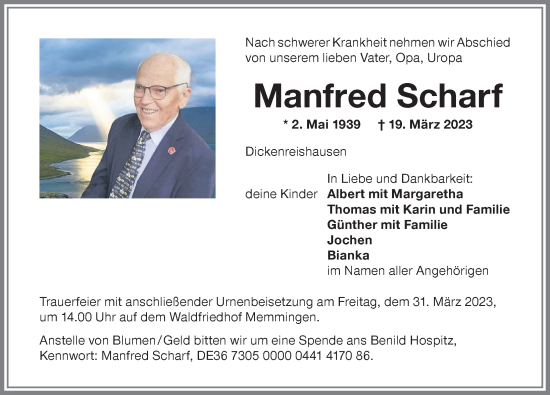 Traueranzeige von Manfred Scharf von Memminger Zeitung
