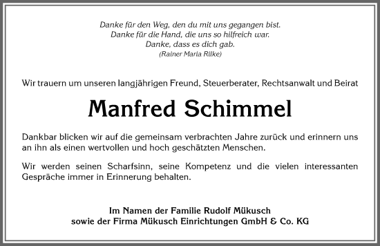 Traueranzeige von Manfred Schimmel von Allgäuer Anzeigeblatt