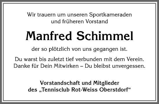 Traueranzeige von Manfred Schimmel von Allgäuer Anzeigeblatt
