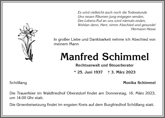 Traueranzeige von Manfred Schimmel von Allgäuer Anzeigeblatt
